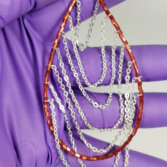 Women's Silver tone Dangling Chain - Red Beaded Big Hoop Fishhook Drop Earrings - Picture 4 of 6